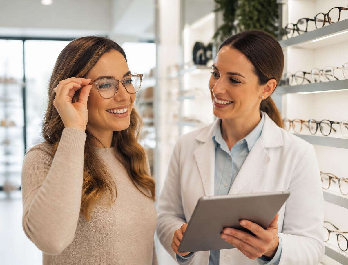 Profissional de ótica atendendo uma cliente que experimenta óculos