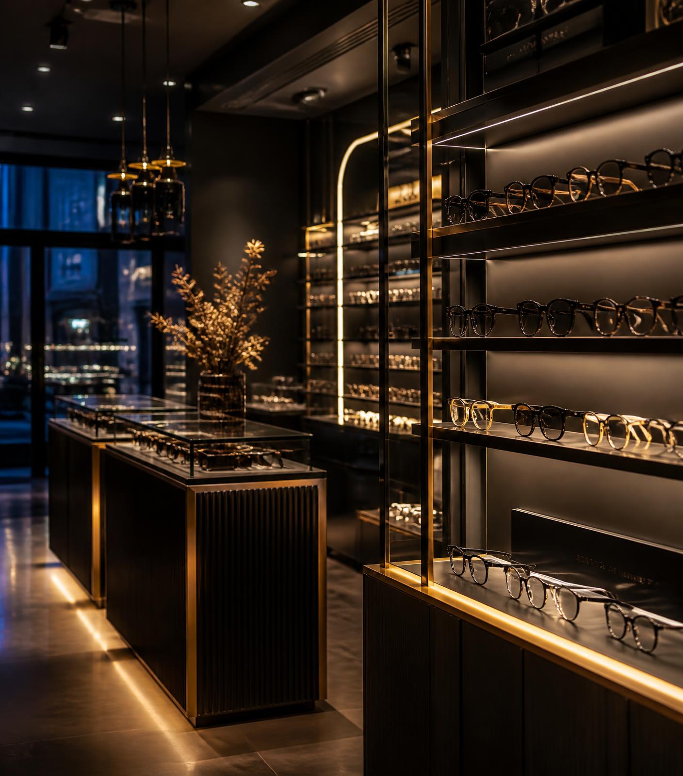 Interior de ótica moderna com vitrines iluminadas de óculos