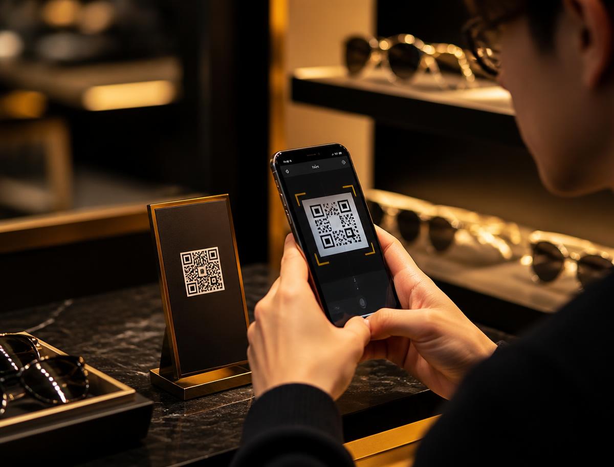 Pessoa lendo um QR Code com o celular em uma ótica